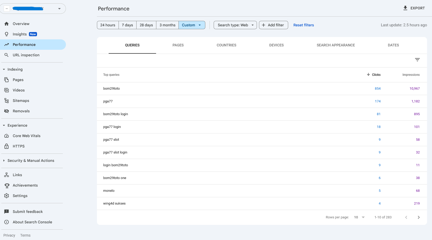 Contoh Google Search Console menunjukkan keyword aneh yang mengindikasikan serangan Parasite SEO.