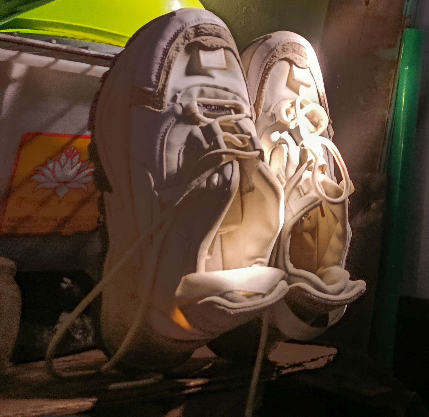 Shoes drying at home under warm sunlight